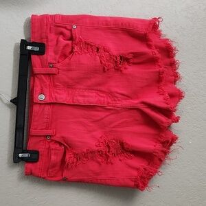 Eunina Red Distressed Jean Shorts